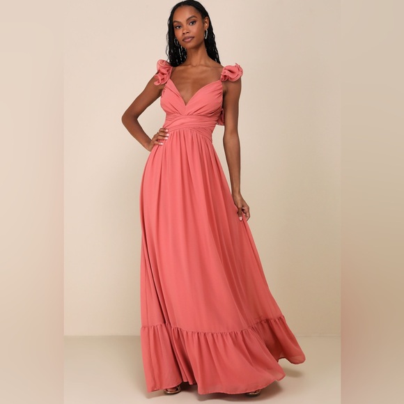 Lulu’s Large Soiree Celebration Rusty Rose Ruffled Lace-Up Maxi Dress - Picture 11 of 11